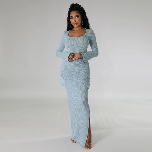 Pit stripe printed pleated side pocket split skirt set