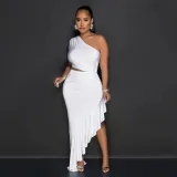 Hollow out irregular sloping shoulder dress long skirt