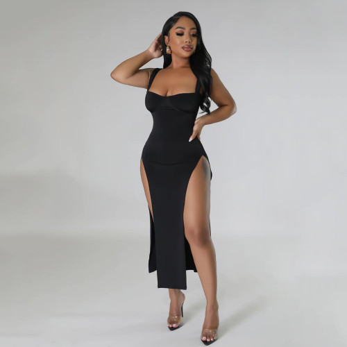 Formal Dress Strap Solid Split Long Dress