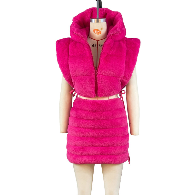 Women's hooded short bread cotton jacket fashionable and warm imitation fur vest