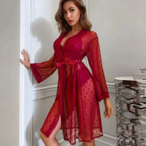 Large transparent lace mesh pajama dress, sheer suspender dress, bathrobe, three pieces Large transparent lace mesh pajama dress, sheer suspender dress, bathrobe, three pieces