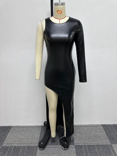 Slim Fit Elastic Tight Wrap Hip Split Single Sleeve Leather Skirt
