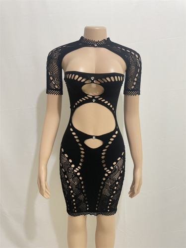Bra cut out with diamond exposed navel short sleeved shawl sexy slim fit wrap buttocks dress