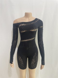 Diagonal shoulder long sleeved hollowed out diamond patchwork sexy slim fitting high waisted lace jumpsuit shorts