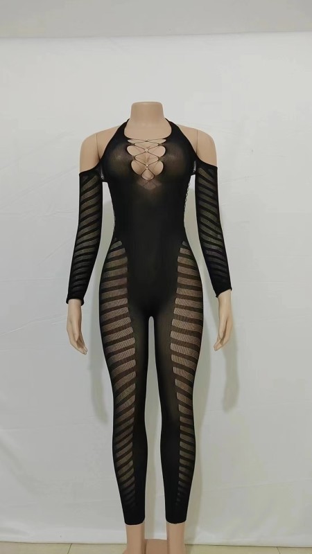 Sleeved Hollow Out Perspective Open Back Sexy Bodysuit