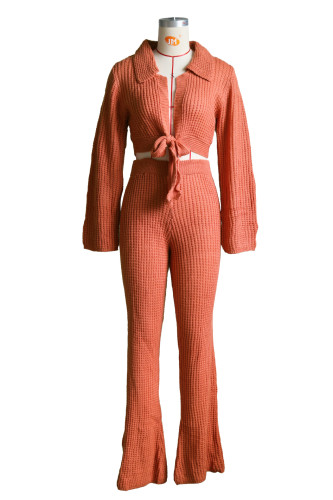Tie up micro horn solid knit sweater two-piece set