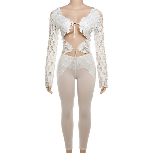 Low neckline exposed navel top, high waist tight lace mesh pants set