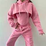 Women's hooded sweaters, hoodies, suspenders, small vests, waistband pants, three piece set