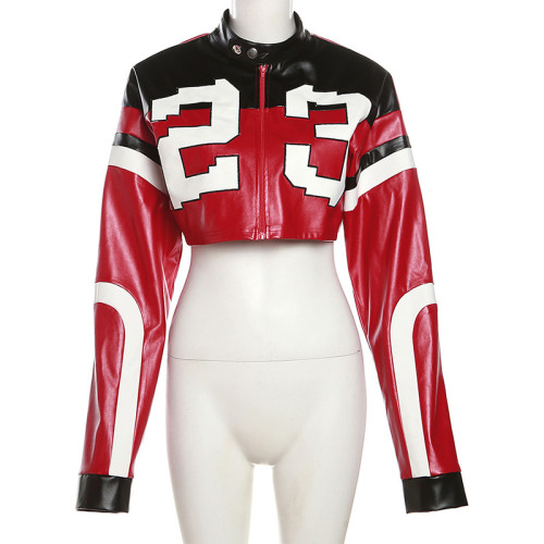 Contrast Embroidery Panel Slim Fit Faux Leather Jacket Coat