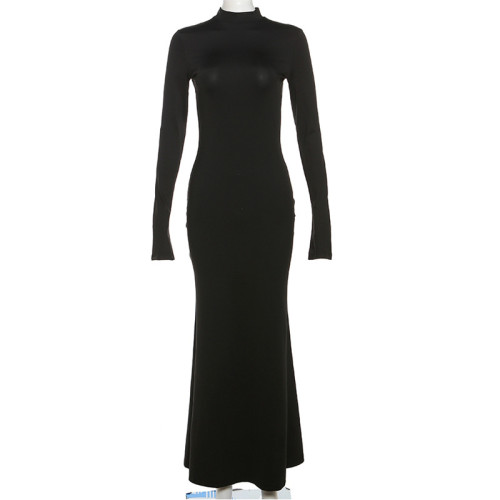 Round Neck Long Sleeve Sexy Open Back Slim Fit Wrap Hip Dress