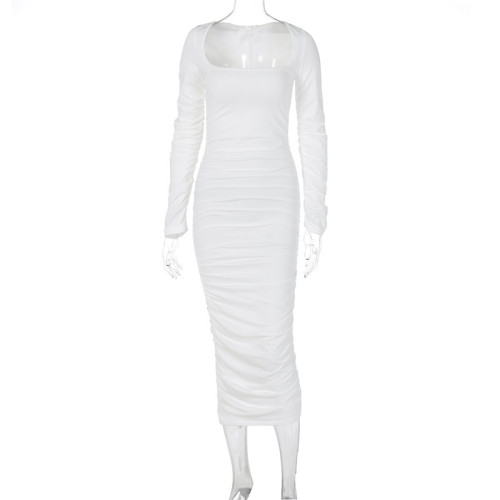 Solid color long sleeved slim pleated dress
