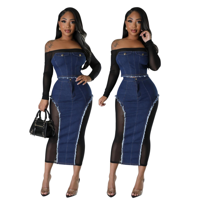 Mesh Denim Splice Perspective Bra Dress Two Piece Set