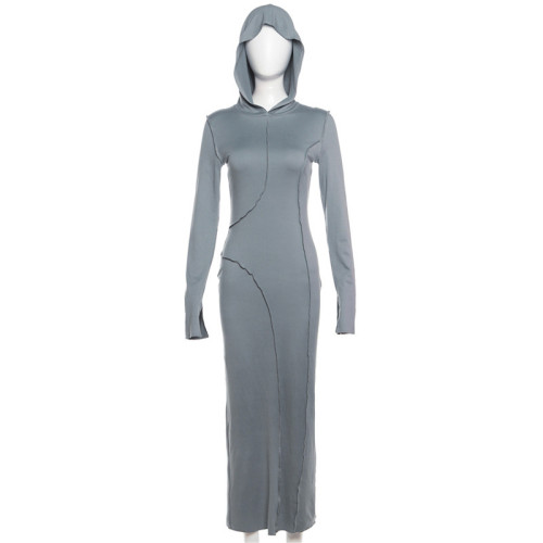 Hooded Slim Fit Wrap Hip Split Bottom Dress