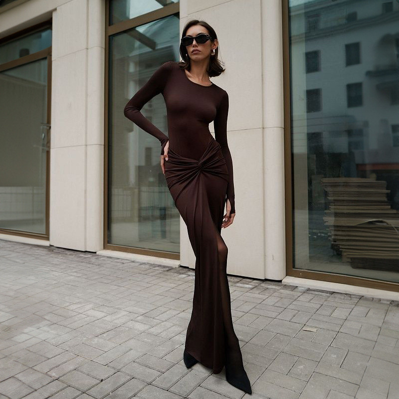 Fashionable and Sexy Slim Fit Split Long Sleeve Dress Set