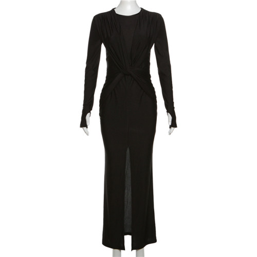 Round Neck Long Sleeve Slim Fit Split Design Dress