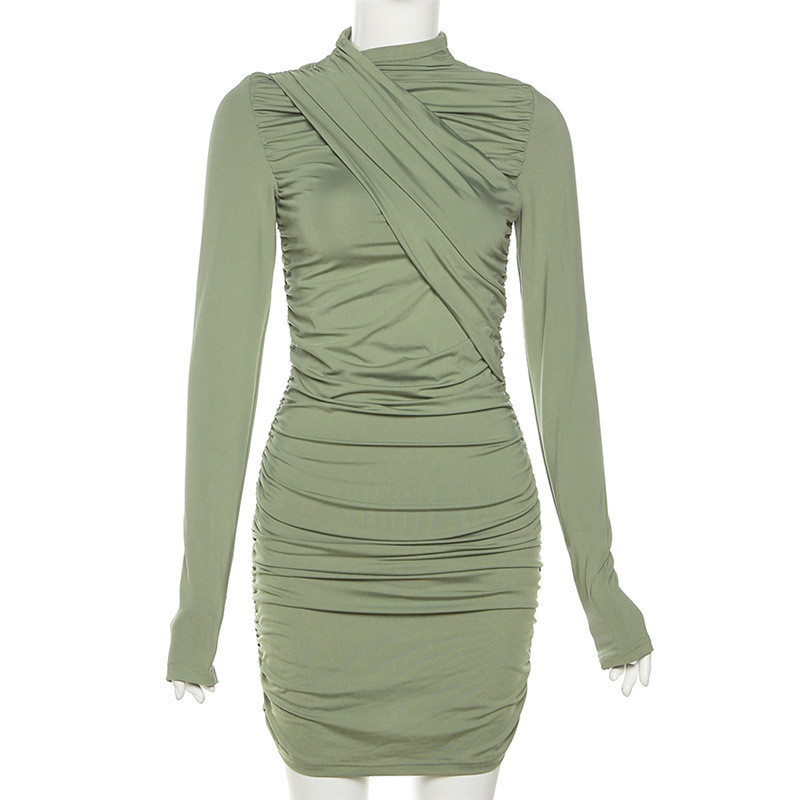 Pleated Round Neck Long Sleeve Slim Fit Wrap Hip Dress