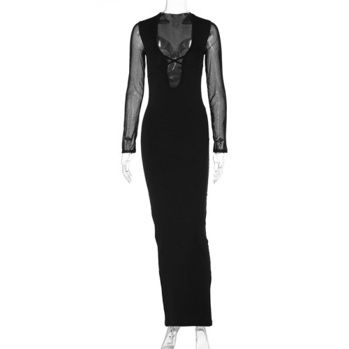 Hollow out mesh long sleeved deep V-neck lace up dress