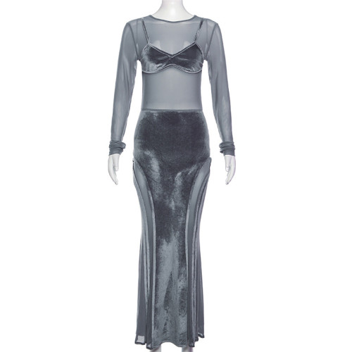 Round neck fashionable mesh patchwork velvet bottom knitted dress