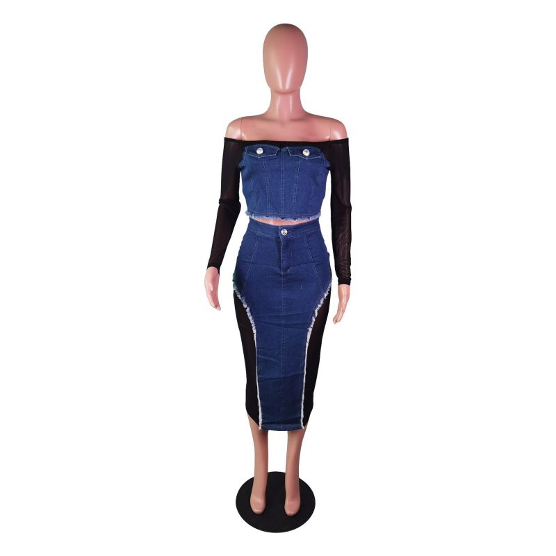 Mesh Denim Splice Perspective Bra Dress Two Piece Set