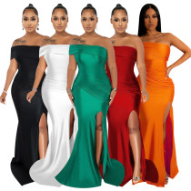 Solid color diagonal shoulder sexy off shoulder split floor long skirt