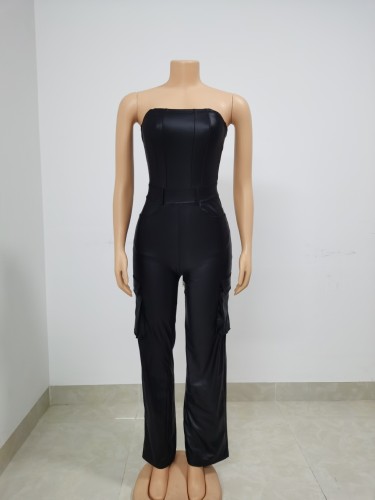 Pocket work clothes, bra, one piece imitation leather pants