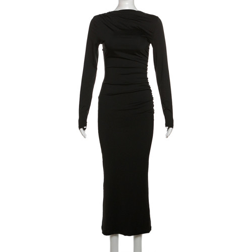 Women's Fashion Round Neck Long Sleeve Slim Fit Wrap Hip Dress