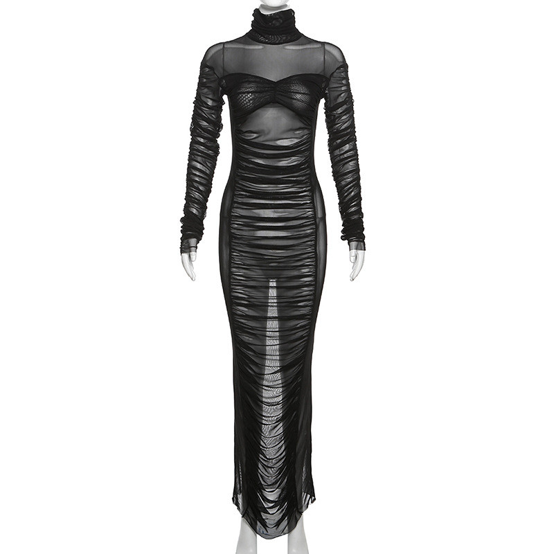 Sexy Mesh Panel High Neck Pleated Long Sleeve Slim Fit Dress