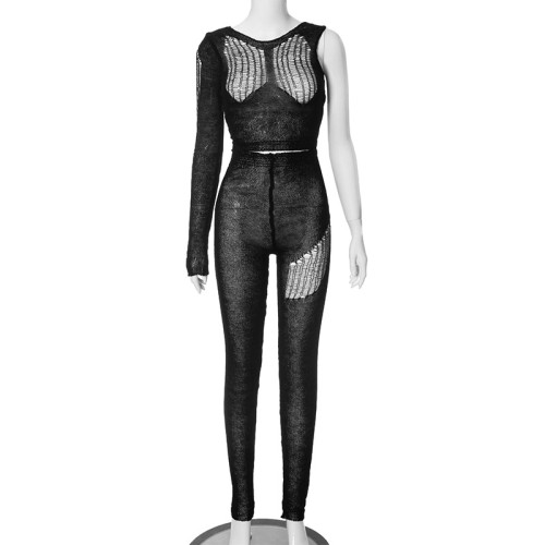 Perforated One Shoulder Long Sleeve Top Long Pants Woolen Woven Set