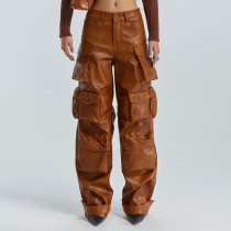 Multi pocket work leather pants