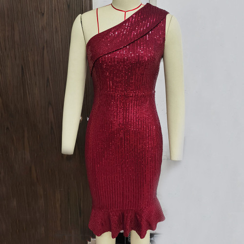 Off Back One Shoulder Sequin Dress