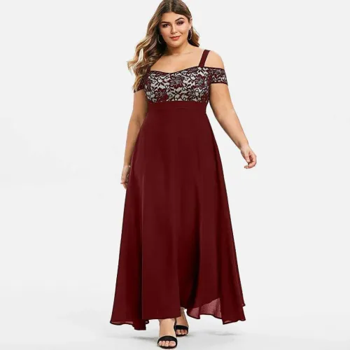 Oversized Off Shoulder Flower Lace Strap Chiffon Dress