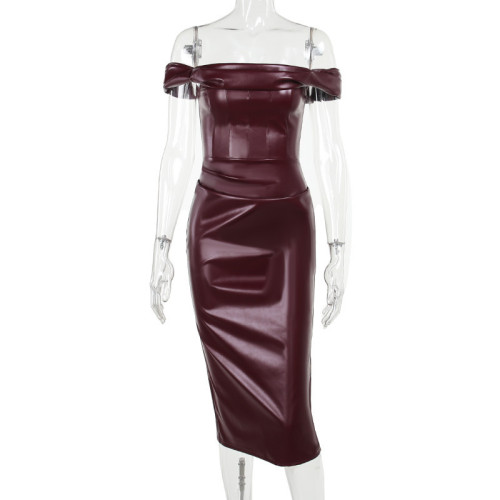 Leather dress with waistband and shoulder strap