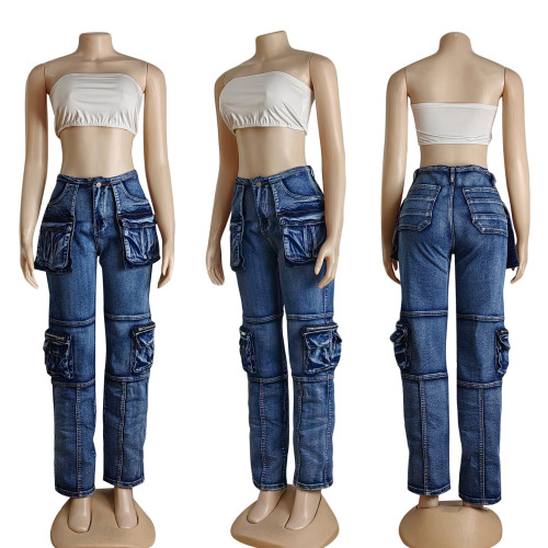 Multi pocket workwear pants with mid waist washed straight leg jeans