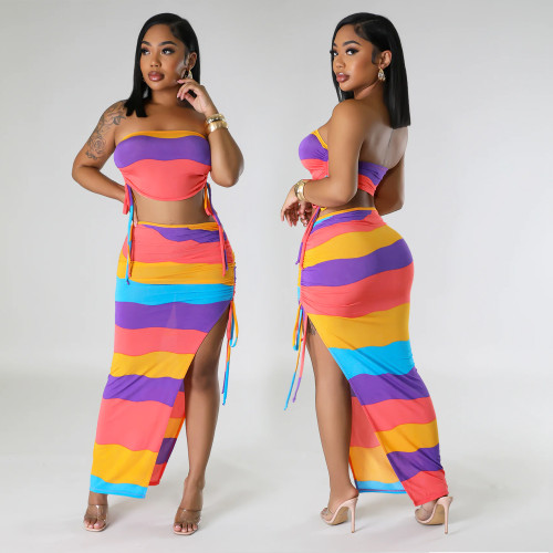 Women's sexy strap pleated chest wrap two-piece set