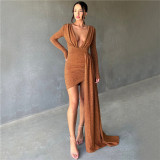 Long sleeved sexy V-neck slim fit and hip wrap style dress