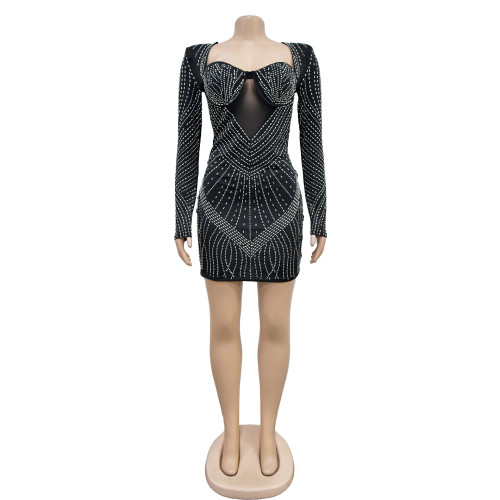Women's solid color mesh hot diamond long sleeved short skirt