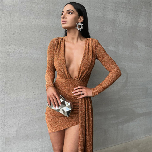Long sleeved sexy V-neck slim fit and hip wrap style dress