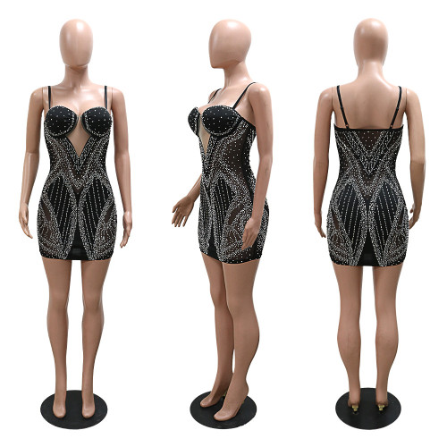 Perspective strap hot diamond wrap buttocks A-line dress