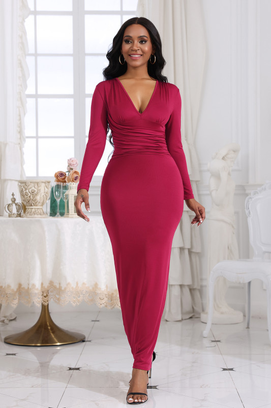 V-neck slim fit pleated solid color long sleeved dress