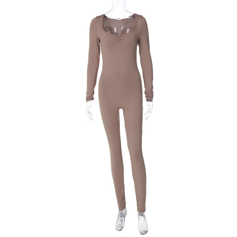 Solid color square neckline pleated long sleeved slim fit sports yoga jumpsuit