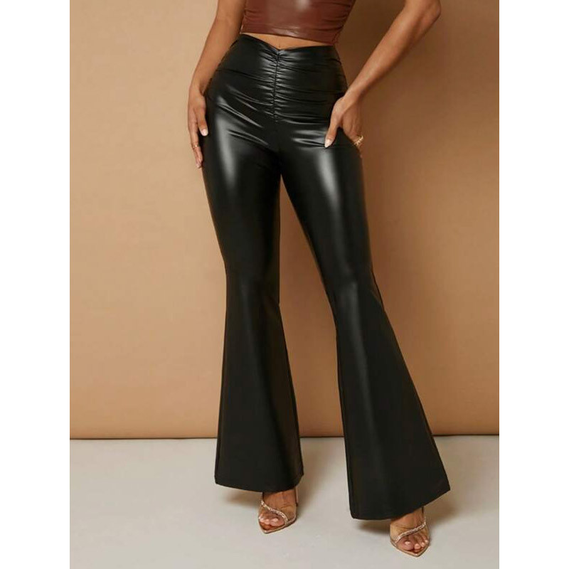Low waisted lace up PU elastic slim fit wide leg flared pants