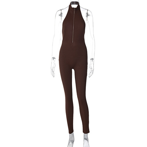 Women's sexy backless zipper hanging neck slim fit sports jumpsuit