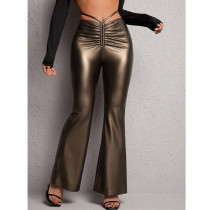 Low waisted lace up PU elastic slim fit wide leg flared pants