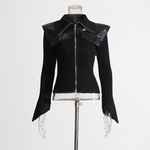 Splicing leather waist for slimming effect, solid color knitted jacket