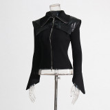 Splicing leather waist for slimming effect, solid color knitted jacket