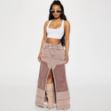 High waisted zippered split A-line loose denim skirt long skirt