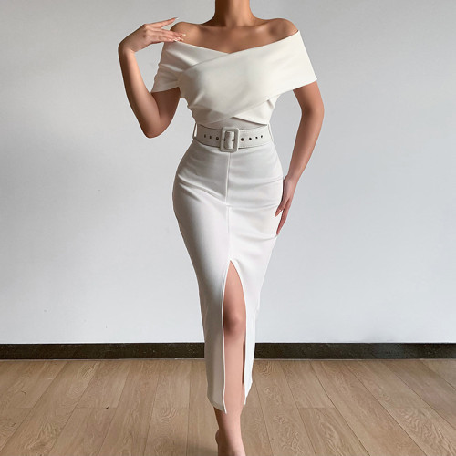 Off shoulder belt slit skirt