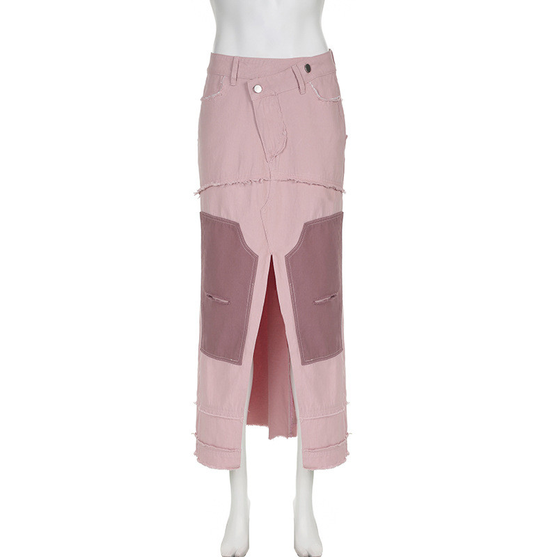 High waisted zippered split A-line loose denim skirt long skirt