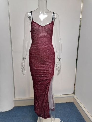 Split high waisted formal dress with V-neck suspender dress