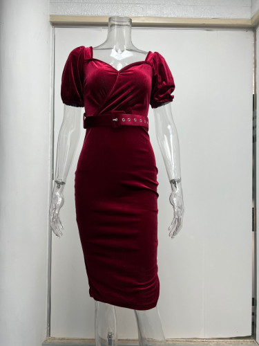 Waist tied low neck bubble sleeve velvet wrap buttocks dress